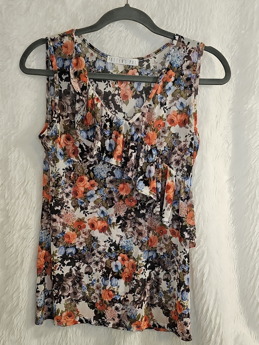 Potter's Pot Floral Ruffle Sleeveless Top in Blue, Orange, Black